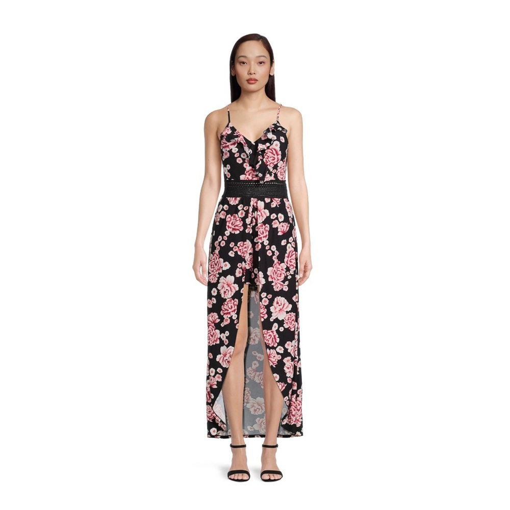 No Boundaries Juniors Ruffle Walk Through Maxi Romper, Black Soot